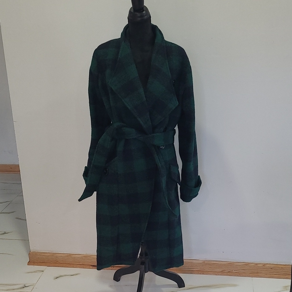 Plaid Belted Coat - Green and Navy